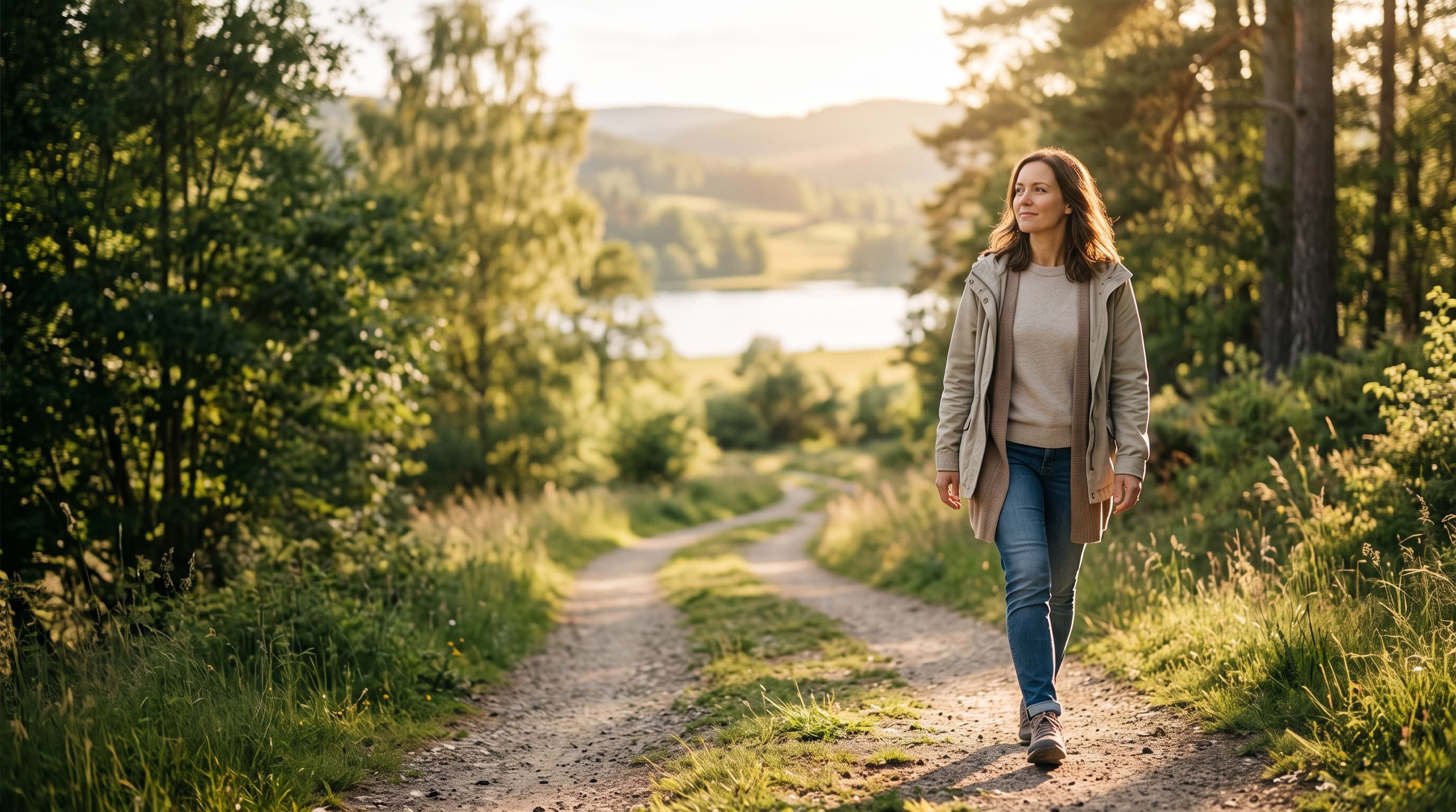 A woman walking a sunlit path by a lake, representing the journey through counselling and therapy at C3 Counselling Centre in Singapore